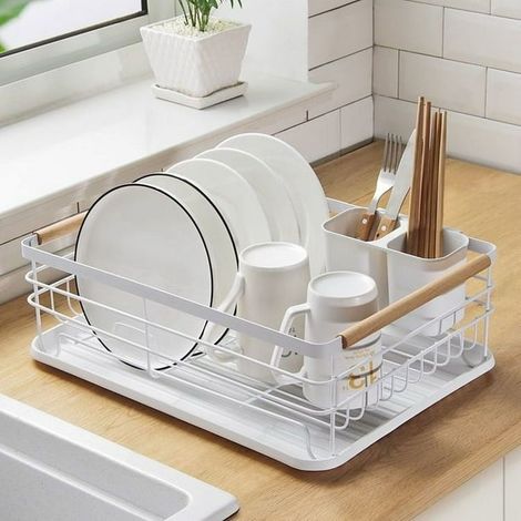 Égouttoir à vaisselle, organisateur d'égouttoir avec plateau égouttoir amovible et porte-ustensiles, égouttoir grande capacité pour la cuisine (blanc) Shine Electronics (1/3)