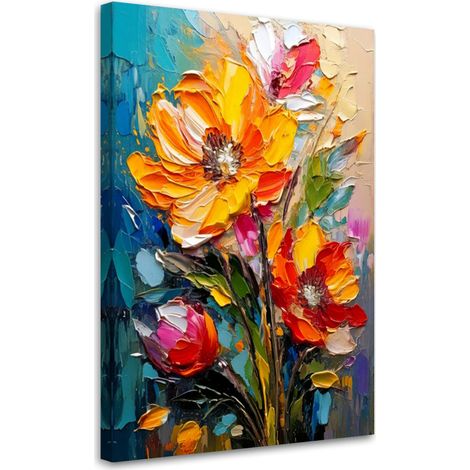 Quadro su tela, Fiori Impressionismo Giallo Arancione Colorato Unico - 80x120 (1/3)