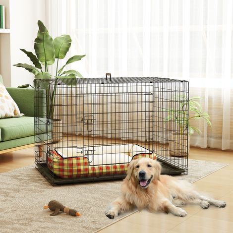 Jaula para Perros Plegable Transportín para Perros con 2 Puertas Bandeja Extraíble y Asa 121x76,5x81 cm Negro (1/5)