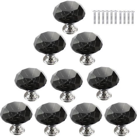 10 x Griffe pour Schrank, Tür, Möbel, Schublade, Kleiderschrank, 30 mm Diamant-Kristallglas mit Schrauben – Noir (1/5)