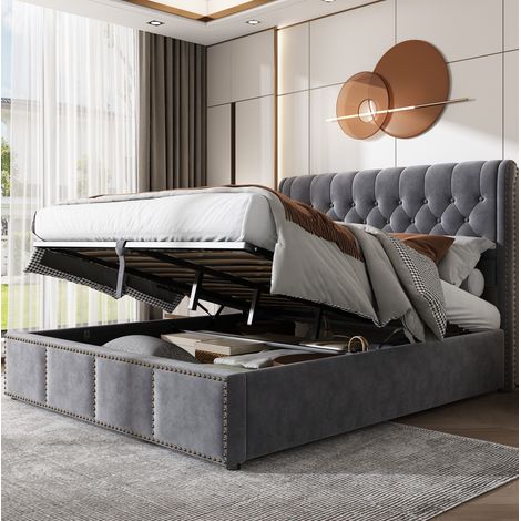 Lit coffre 140x200 cm avec banc velours gris HAVRYA (1/5)