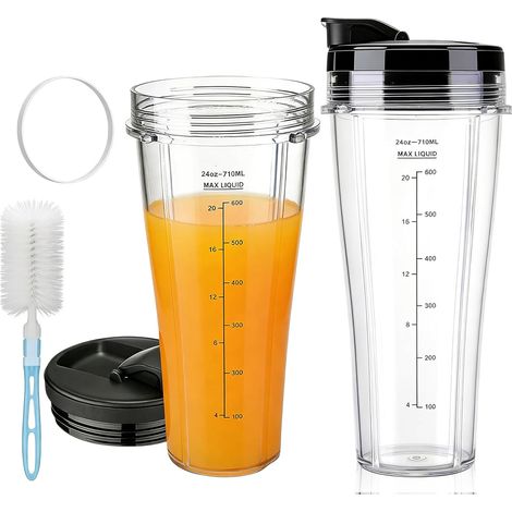Lot de 2 Pièces de rechange pour mixeur Ninja 24 oz, Cup Gobelet De Remplacement Pour Ninja, Gobelet de Remplacement avec couvercle amovible, goupillon compatible avec modèles SS100, SS101 et SS300 (1/5)