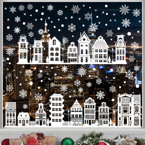 Inreeme Fensterbilder Weihnachten Fensterdeko Selbstklebend - 9 Bögen Statische Fenstersticker Fensteraufkleber Weihnachten mit Schneeflocken und Häuser, Wiederverwendbare Weiße Weihnachtsdeko Fenster (1/5)