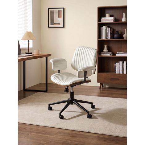 Fauteuil de bureau en PU Beige - dossier haut – réglable – design mid‑century - Ergonomique – accoudoirs chêne– Base pivotante 360° (1/5)