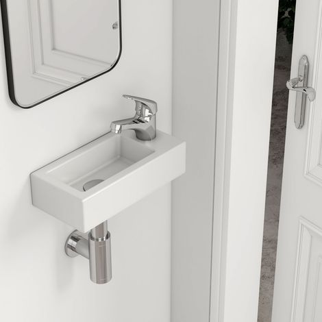 EMKE Vasque suspendue Salle de Bain en céramique, Lavabo suspendu rectangulaire avec trou de robinet à droite, blanc brillant - 36,5 x 18 x 9 cm (1/5)