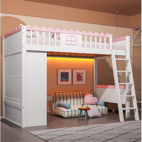 Lit mezzanine enfant 90/200 cm blanc en pin avec armoire, tiroir et éclairage (1/5)