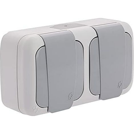Double 2P+E Socket, Grey, IP54 Waterproof, Automatic Connection, For Outdoor Use (1/2)