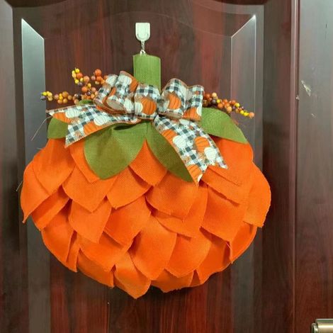 Couronne Citrouille - Décoration Automne Halloween Thanksgiving - En Tissu avec Nœuds et Baies - Pour Porte d'Entrée ou Mur - 40 cm (1/3)