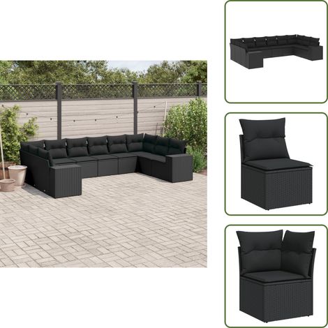 The Living Store Salon de jardin 10 pcs avec coussins noir résine tressée - Salon De Jardin - Meuble De Jardin - Salon Extérieur - Ensemble De Canapés - Résine Tressée (1/5)
