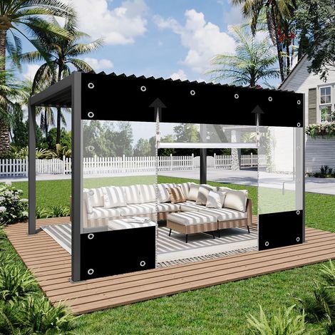 Transparent Tarpaulin PVC 650 g/m² Outdoor Curtain with Zipper Waterproof Tarpaulin Wind and Rain Cover for Gazebos Balconies Patios (Black, 8 ft H x W (1/5)