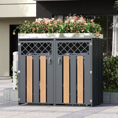 Armario para cubos de basura de jardín de acero galvanizado gris y efecto madera, doble, con jardinera superior y puertas con cerradura (1/5)