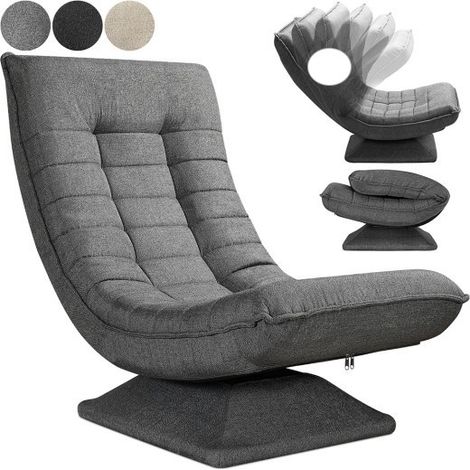 Le Poisson Qui Jardine – Fauteuil relax tissu gris – Dossier ajustable 5 positions – Rotation 360° – Rembourrage 13 cm en lin respirant – Charge 150 kg (1/5)