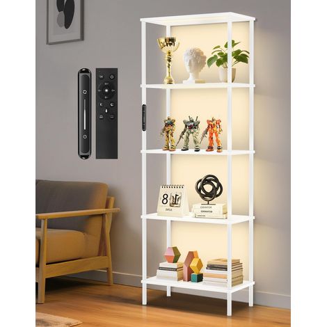 Bibliothèque LED sur Pied, Étagère de Rangement en Bois 5 Niveaux, 60 x 30 x 170cm, Lumière Dimmable avec Télécommande et Minuterie, Meuble de Salon pour Chambre, Bureau (Blanc) (1/5)