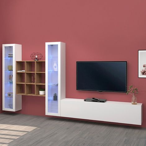 Parete Attrezzata Moderna per Soggiorno 350x30x180cm - ECHO - Colore: bianco laccato lucido (1/5)