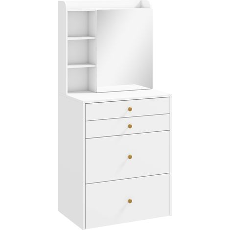 Coiffeuse blanche avec miroir, tabouret de rangement mobile, table de maquillage à tiroirs, armoire et étagères ouvertes. (1/5)