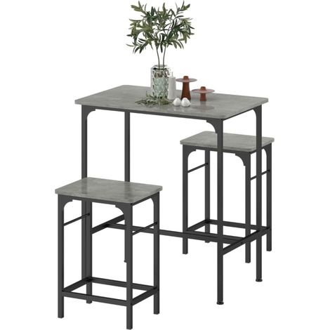 Ensemble table de bar grise - Table + 2 tabourets avec repose-pieds antidérapants - Cuisine/salle à manger (1/5)