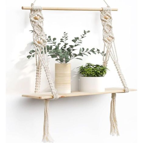 Étagère Murale en Bois avec Corde Flottante pour Plantes Intérieur Extérieur Décoration Rangement (1/4)