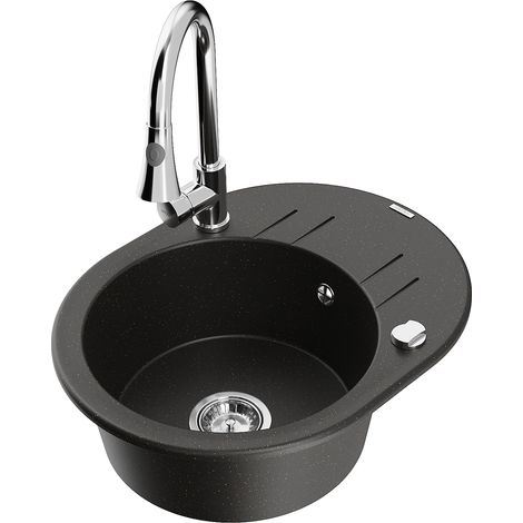 Mexen Kevin lavello in granito a 1 vasca con scolapiatti e rubinetto da cucina Elia, nero/oro metallizzato - 6517-75-670101-00 (1/5)