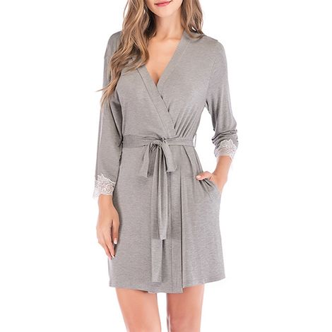 Robe De Bain - Manches Trois Quarts - Col En V - Ceinture Intégrée - Maille Modal Élégante - Gris - Taille M (1/5)