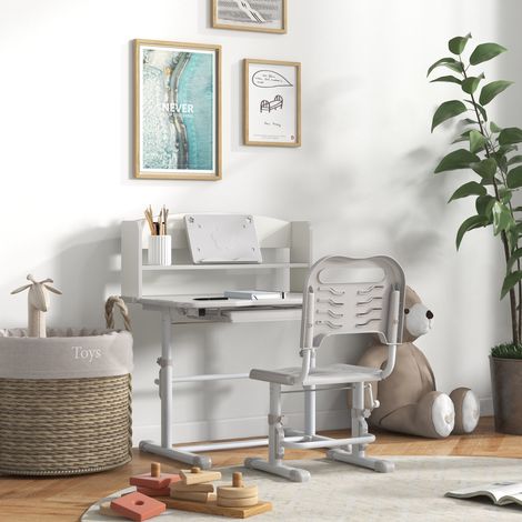 Pupitre Infantil Altura Ajustable con 1 Cajón 1 Estante y Ángulo de Mesa Ajustable 80x54,5x82-104 cm Gris y Blanco (1/5)