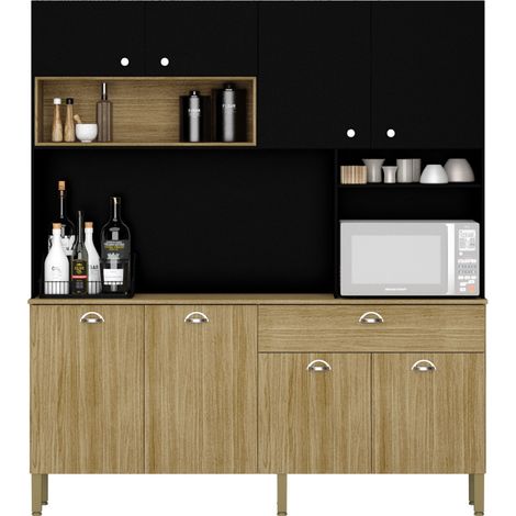 Beaux Meubles Pas Chers – Buffet de cuisine 8 portes 1 tiroir – Imitation chêne et noir – Dimensions L 182.8 x H 205 x P 39.3 cm – 10 niches et 6 pieds réglables (1/5)