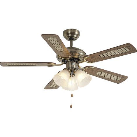 QAZQA Deckenventilator aus Messing mit Holzprint und Rattan 105cm