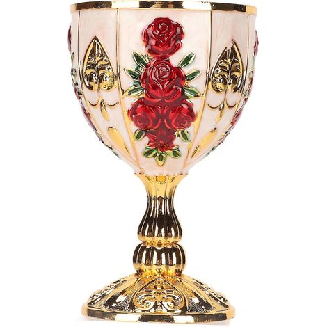 10 cm hoher, vergoldeter Kelch aus Zinklegierung mit einem eleganten, geprägten Retro-Blumenmuster – ideal für Partys, Bankette und Bars. Rote Blüten auf gold-weißem Hintergrund.