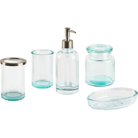 Conjunto de 5 accesorios de baño de vidrio verde plateado dispensador jabonera portacepillos 2 recipientes glamour Amarga