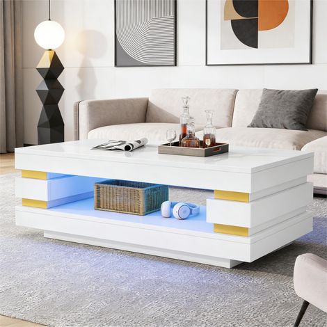 Mesa de centro de aglomerado blanco brillo con LED, rectangular 100 x 50 cm