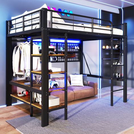 Lit mezzanine , structure en fer, compartiment de rangement, filet pour suspendre les vêtements, tringle à vêtements, espace ouvert sous le lit, éclairage LED, matelas non inclus