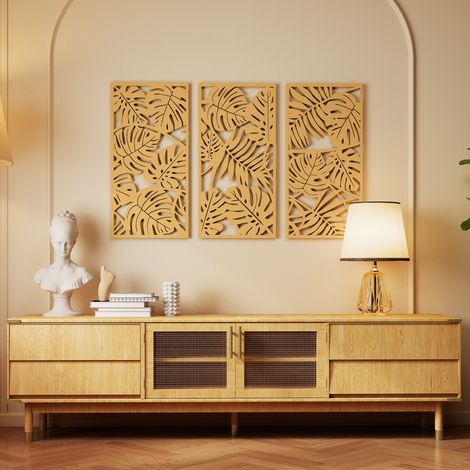 Ensemble de 3 Décorations Murales en Bois 3D. 40 x 80 cm. Feuilles Tropicales. Effet Bois Naturel