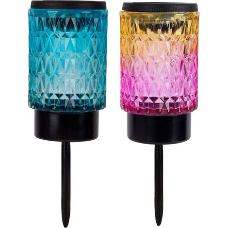 Lot de 2 Piquets Solaires Décoratifs en Métal Noir et Verre Structuré LED Blanc Chaud H25 cm - PANGIVO (1/5)