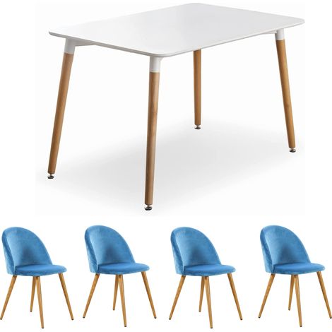 Halo Lucia Dining Set - a White Wooden Dining Table and Set of 4 Blue Velvet Dining Chairs - Dining Room Kitchen (1/5)