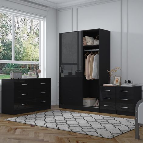 Reflect 2 Door Sliding Wardrobe, 6 Drawer Wide Chest, 2x3 Drawer Bedsides - Black Gloss & Black Oak - Modern Bedroom Furniture Set