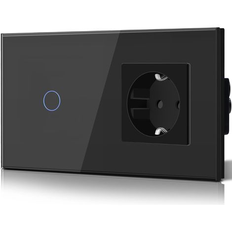 Schuko Switch, Glass, Recessed 16 A, Safe Socket, CEE, 1 Compartment, 1 Way, Touch, Touch Switch, Wall Light, Black (1/5)