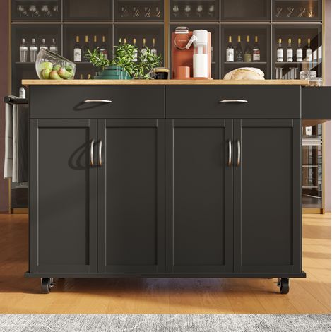 Carrito de cocina sobre ruedas 106x50x90,5 cm con bandeja abatible, 2 cajones, en MDF, negro (1/5)