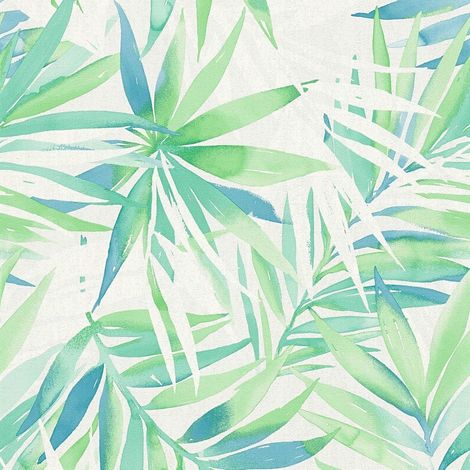 AS Creation Tropical Leaf Green & Blue Wallpaper Vibrant Paste The Wall Vinyl (1/4)