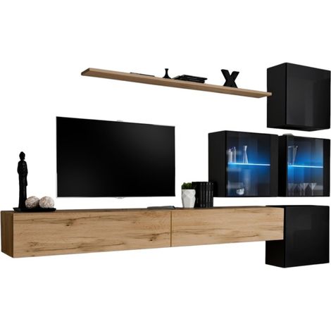 Composizione murale SWITCH XIX – Doppio mobile TV, cubi, cubi con vetro LED e mensola – Rovere Wotan e nero lucido (1/2)