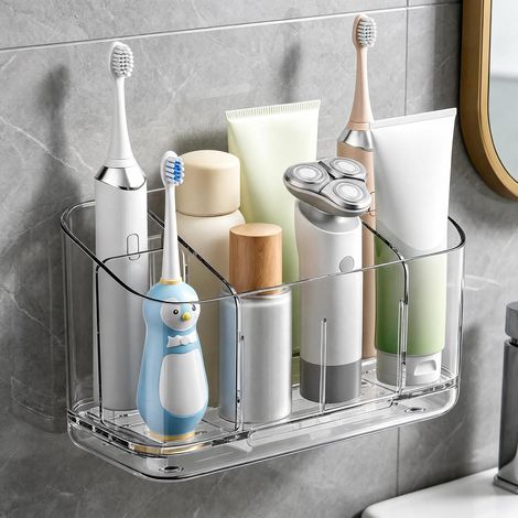 Elektrischer Zahnbürstenhalter für Wand und Arbeitsplatte, selbstklebender Organizer mit 5 Fächern und Abflusslöchern – wasserfester Kleber (1/5)