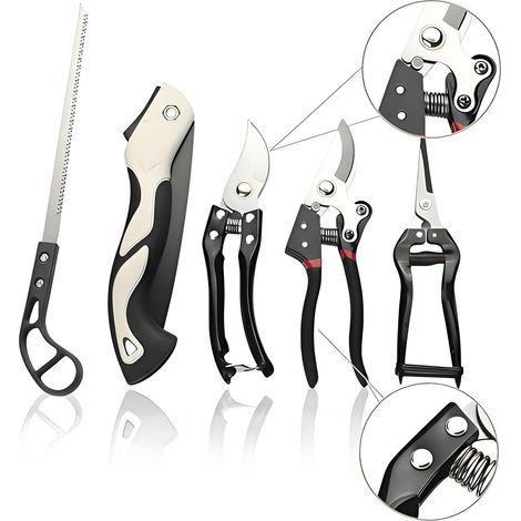 Cet ensemble d'outils de jardinage en cinq pièces comprend trois sécateurs et deux scies pliantes, tous équipés de lames tranchantes en acier inoxydable. (1/5)