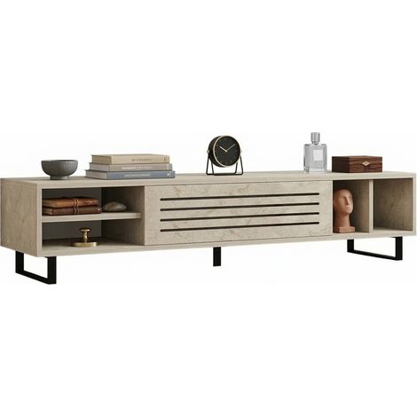 Mobile Porta tv Sovico, un Ripiano, Un'anta, 5 Vani, 160x40x35h cm Beige Marmo