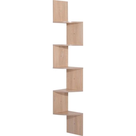 Étagère d\'angle Murale de Rangement Forme Zigzag 20L x 20l x 126H cm 5 Niveaux Bois chêne Clair (1/5)