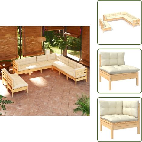 9-tlg. Garten-Lounge-Set mit Creme Kissen Massivholz Kiefer - Gartensessel - Lounge Set - Gartenmöbeln - Rattan Möbel - Outdoor Furniture (1/5)