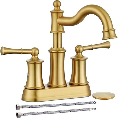 Robinet de lavabo en cuivre, mitigeur trois trous double levier, eau chaude et froide, doré vintage, style rétro pour salle de bain. (1/5)
