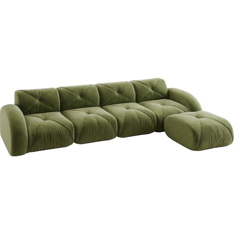 ELVMI Sofá esquinero modular 4 plazas con reposapiés, sin montaje, para salón, en Chenille, Verde (1/5)