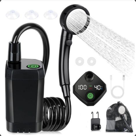 Douche Camping, Douche Portable, Pompe de Douche Électrique Rechargeable, Pommeau de Douche 6000mAh,avec Afficheur Intelligent, Kit Douche de Camping 4 Modes pour Camping, Randonnée, Voyage