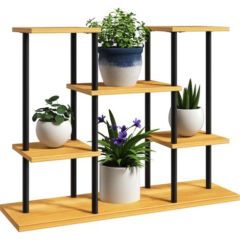 Scaffale per piante da interno, struttura in acciaio a 6 ripiani, base in legno massello, 80 x 24 x 61,5 cm, legno naturale