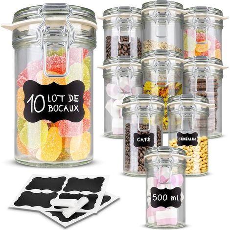 10 bocaux en verre hermétiques avec étiquettes et craie 500 ml (1/5)