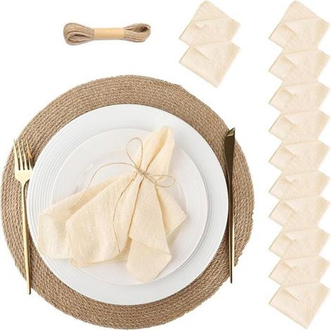 Lot de 12 Serviette de table, 42cm x 42cm, Coton et lin, Beige, Repassable, Pour mariage, restaurant, fête (1/5)