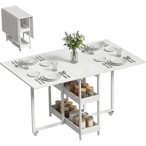 Table pliante blanche 4 places avec roulettes et étagères ouvertes, idéale petit espace, salle à manger, compartiments de rangement.